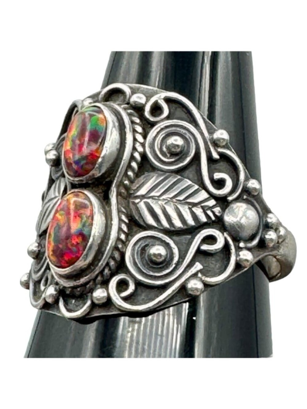 Vintage Sterling Silver Double Opal Ring Southwestern Ornate Setting Sz 8.25 - Picture 5 of 16